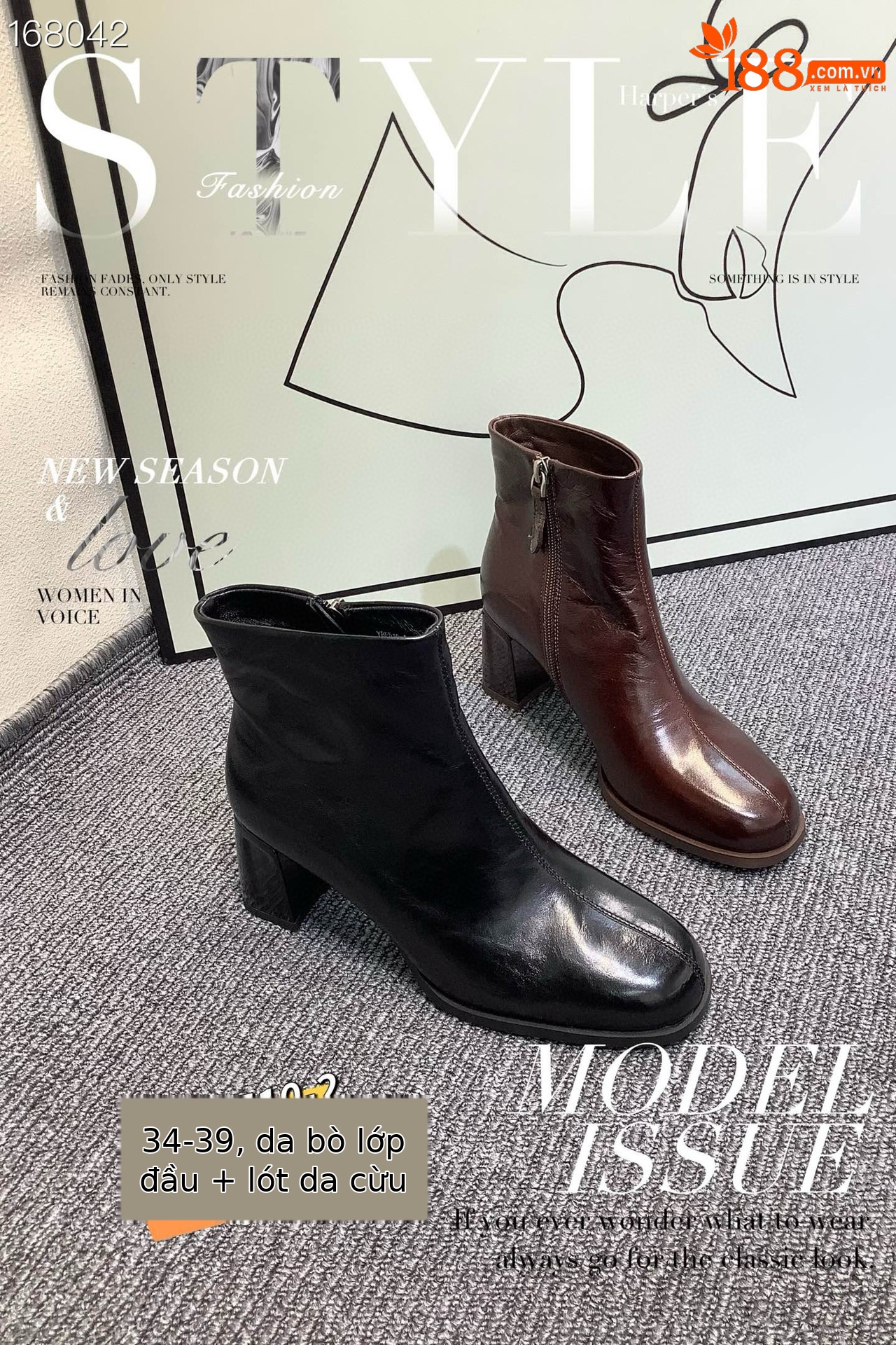 Boot nữ cổ thấp da bò mũi tròn gót vuông 9 cm phong cách Anh quốc — Màu đen chi tiết 8