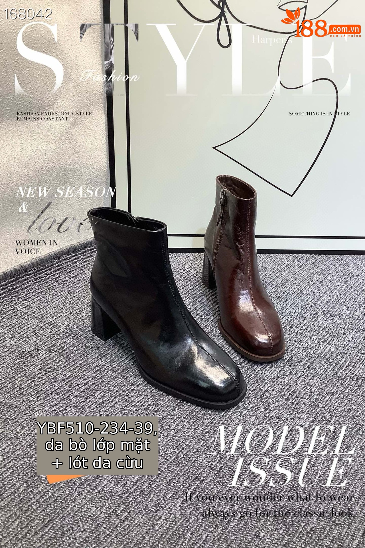 Boot nữ cổ thấp da bò mũi tròn gót vuông 9 cm phong cách Anh quốc — Màu đen chi tiết 9