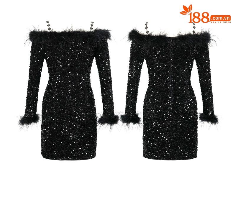 Đầm ôm body nữ dự tiệc cổ yếm đính sequin — Màu đen chi tiết 4