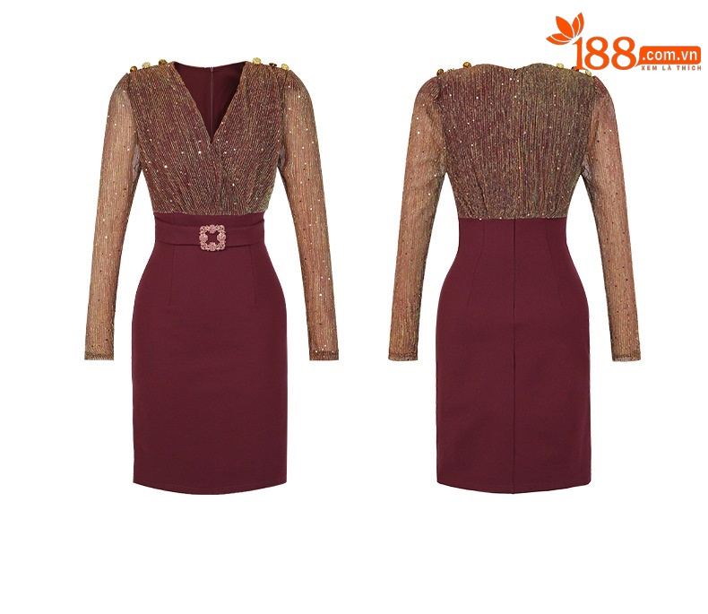 Váy bodycon cổ chữ V ôm eo giả hai mảnh phong cách trưởng thành — Màu vàng táo tàu chi tiết 3