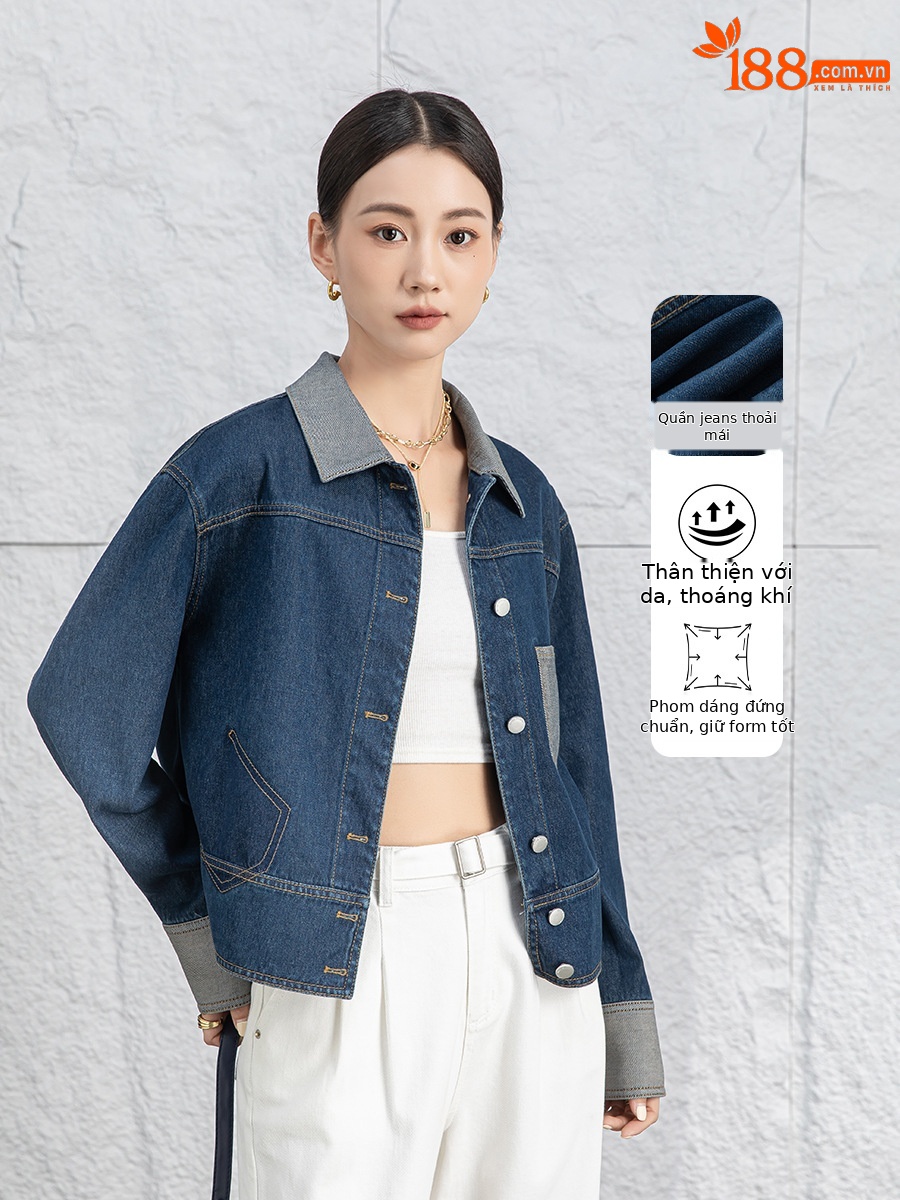 Áo khoác denim nữ dáng ngắn cổ bẻ, phong cách Hàn Quốc — Xanh lam hoài cổ