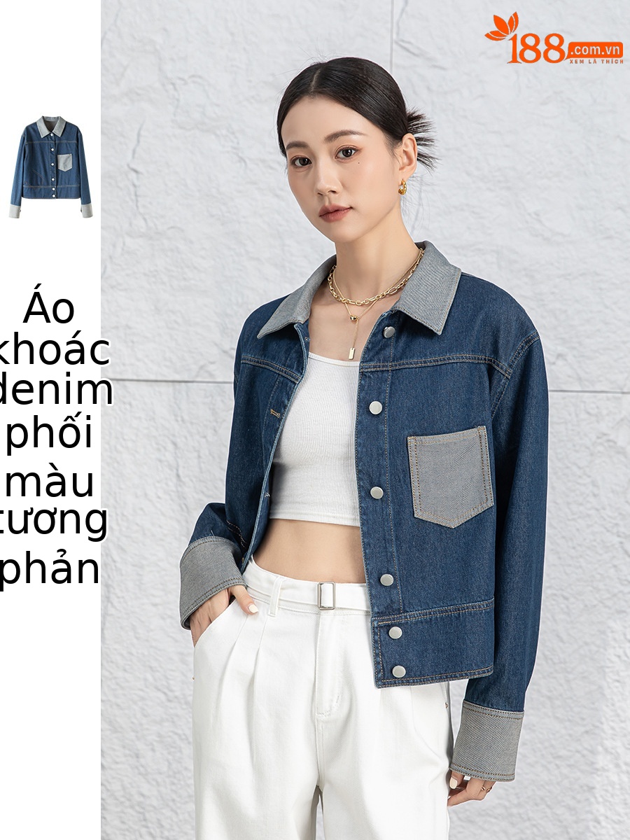 Áo khoác denim nữ dáng ngắn cổ bẻ, phong cách Hàn Quốc — Xanh lam hoài cổ