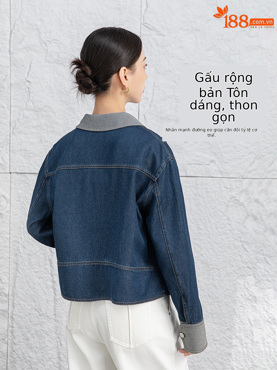 Áo khoác denim nữ dáng ngắn cổ bẻ, phong cách Hàn Quốc — Xanh lam hoài cổ