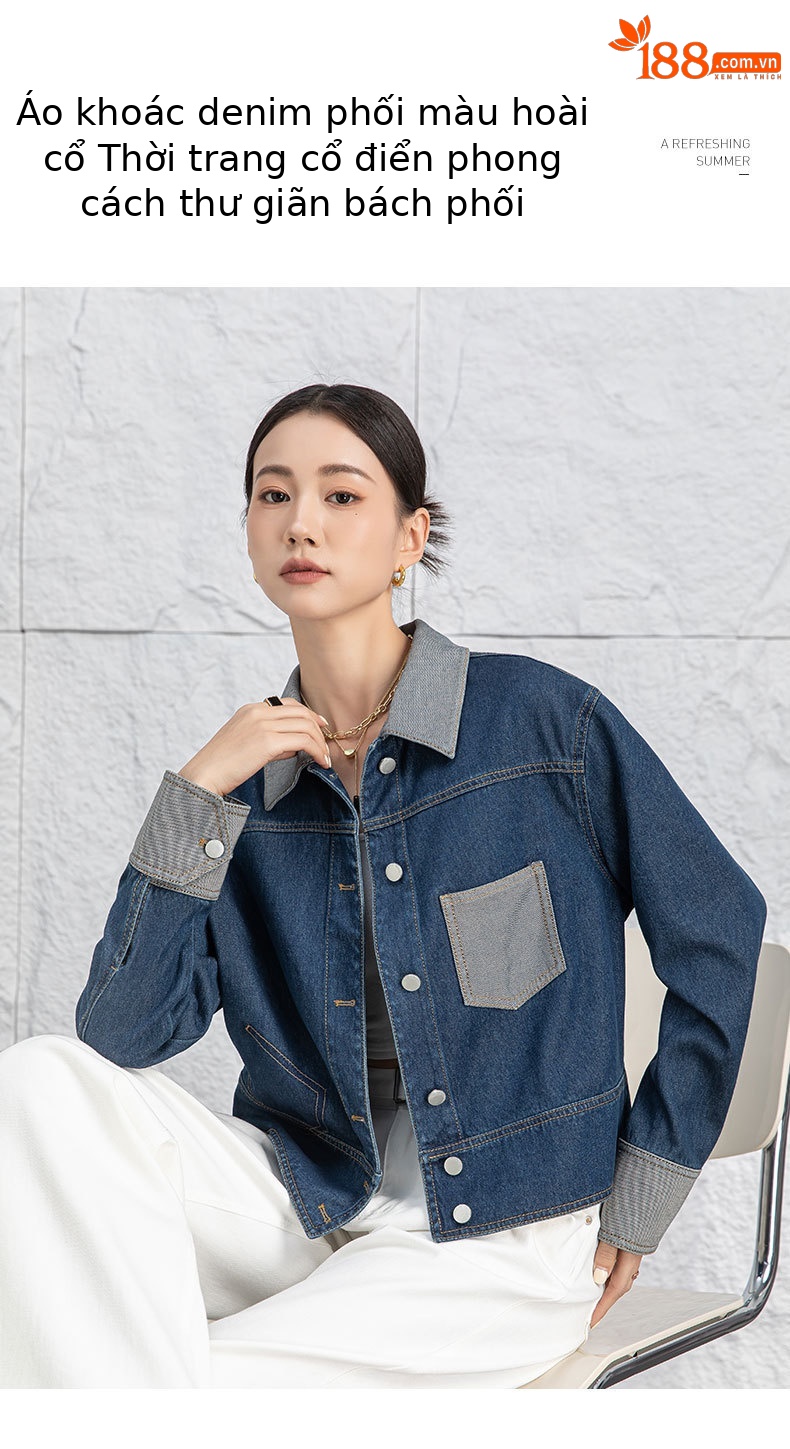 Áo khoác denim nữ dáng ngắn cổ bẻ, phong cách Hàn Quốc — Xanh lam hoài cổ chi tiết 1