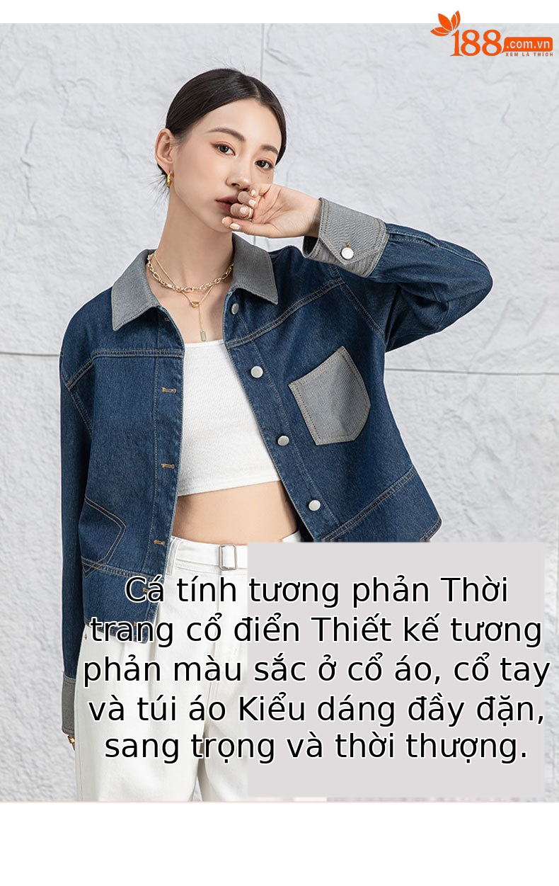 Áo khoác denim nữ dáng ngắn cổ bẻ, phong cách Hàn Quốc — Xanh lam hoài cổ chi tiết 8