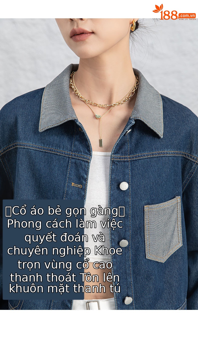 Áo khoác denim nữ dáng ngắn cổ bẻ, phong cách Hàn Quốc — Xanh lam hoài cổ chi tiết 9