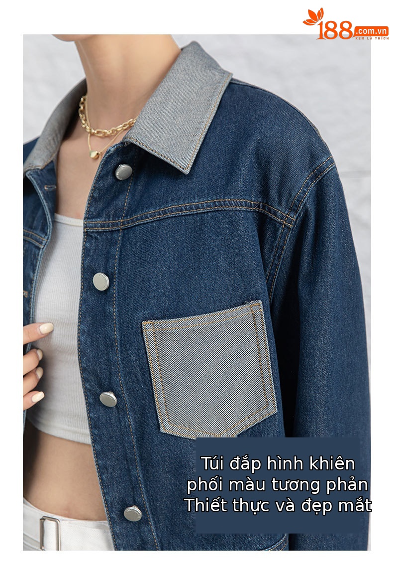 Áo khoác denim nữ dáng ngắn cổ bẻ, phong cách Hàn Quốc — Xanh lam hoài cổ chi tiết 10