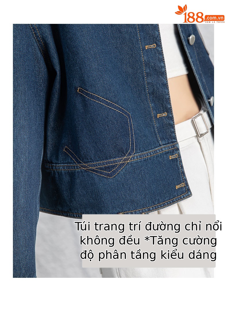 Áo khoác denim nữ dáng ngắn cổ bẻ, phong cách Hàn Quốc — Xanh lam hoài cổ chi tiết 11