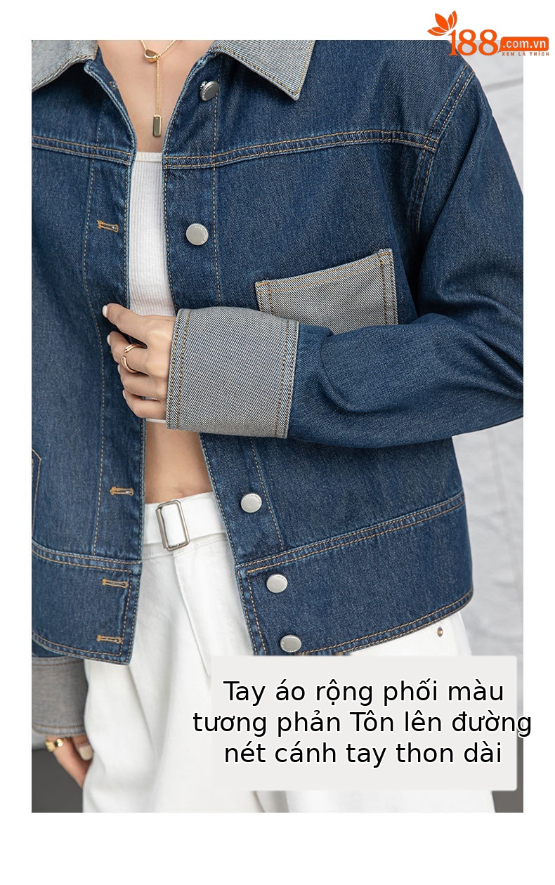 Áo khoác denim nữ dáng ngắn cổ bẻ, phong cách Hàn Quốc — Xanh lam hoài cổ chi tiết 12
