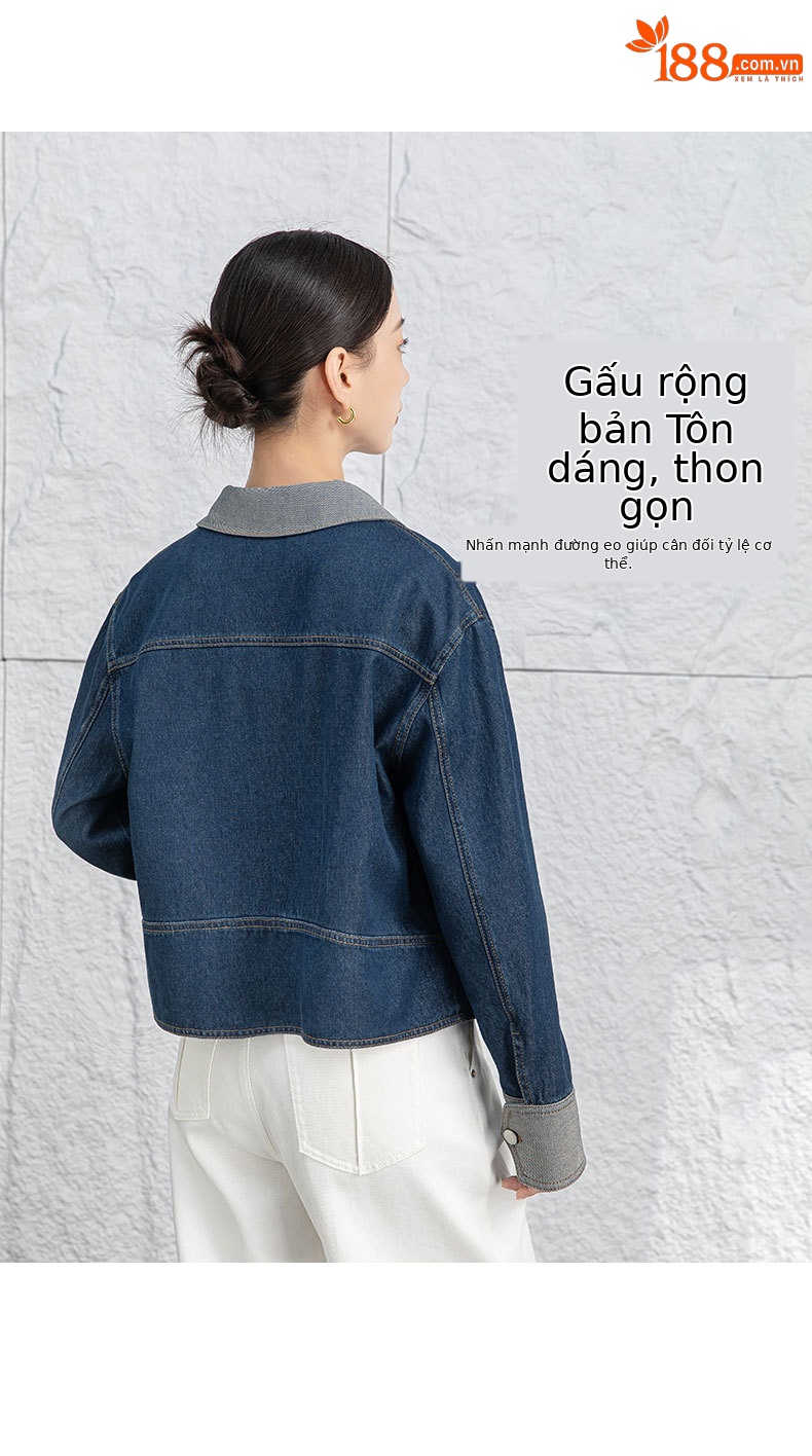 Áo khoác denim nữ dáng ngắn cổ bẻ, phong cách Hàn Quốc — Xanh lam hoài cổ chi tiết 13
