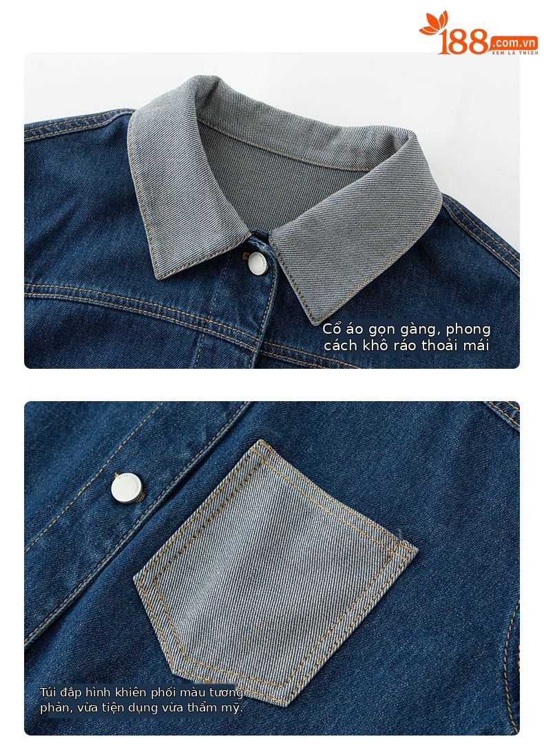 Áo khoác denim nữ dáng ngắn cổ bẻ, phong cách Hàn Quốc — Xanh lam hoài cổ chi tiết 15