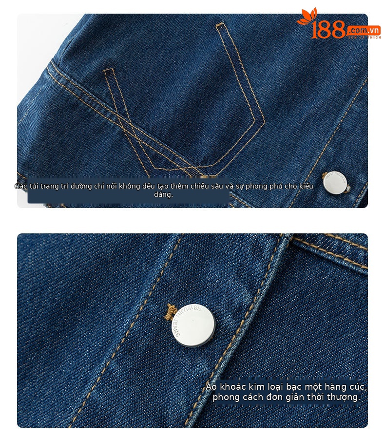 Áo khoác denim nữ dáng ngắn cổ bẻ, phong cách Hàn Quốc — Xanh lam hoài cổ chi tiết 16
