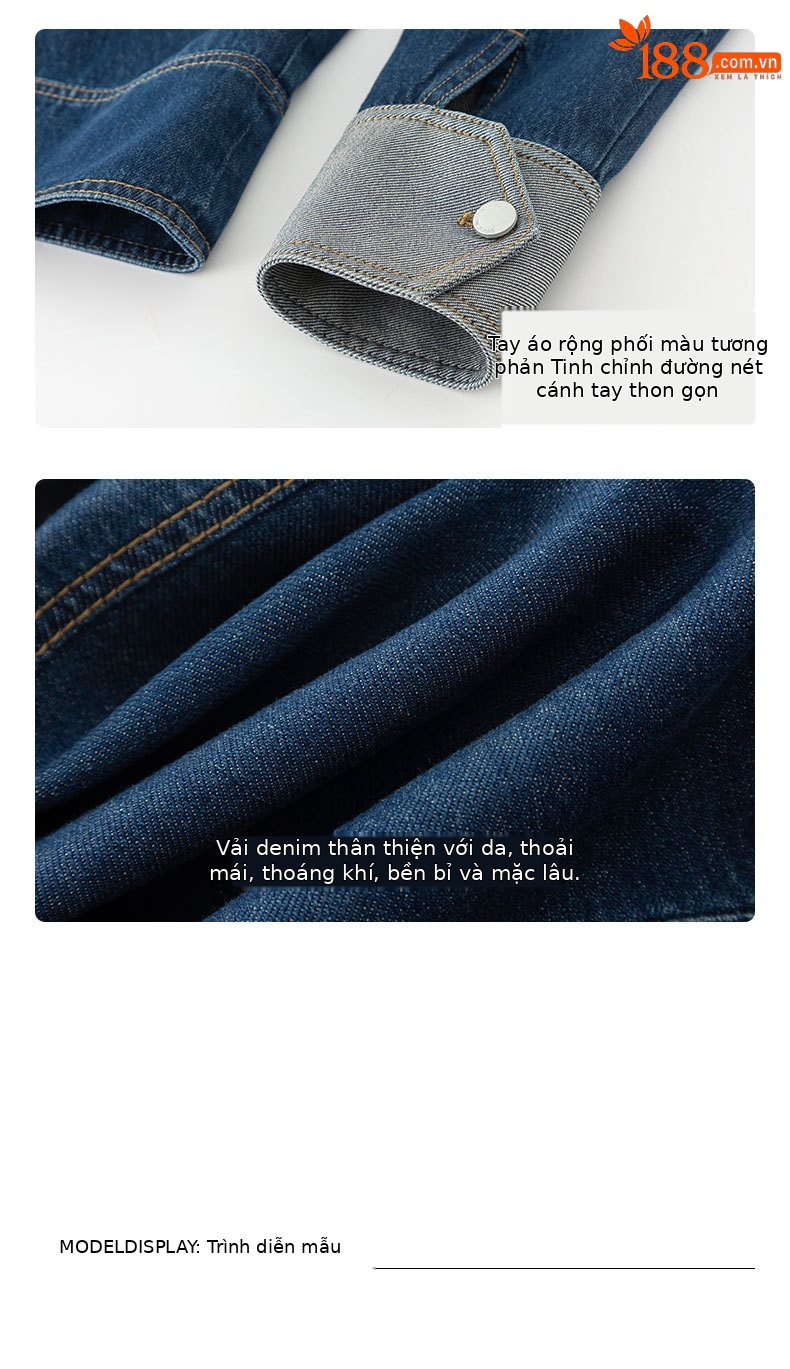 Áo khoác denim nữ dáng ngắn cổ bẻ, phong cách Hàn Quốc — Xanh lam hoài cổ chi tiết 17
