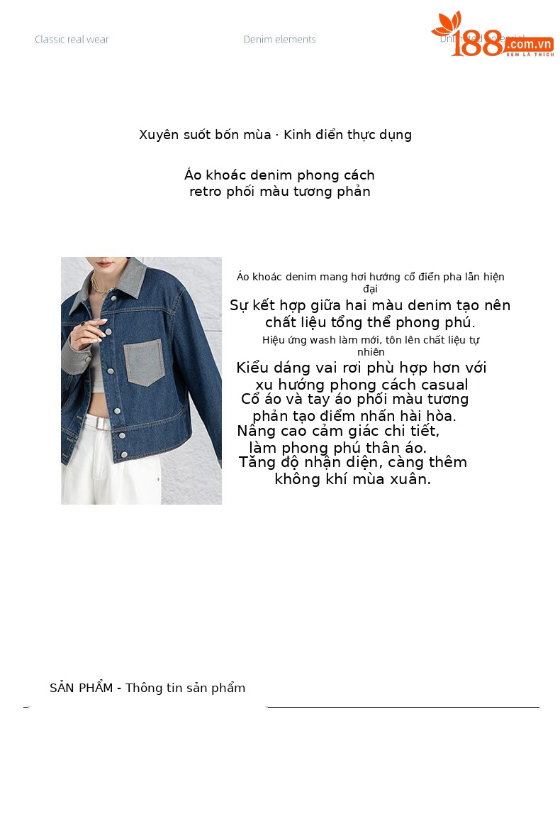 Áo khoác denim nữ dáng ngắn cổ bẻ, phong cách Hàn Quốc — Xanh lam hoài cổ chi tiết 2