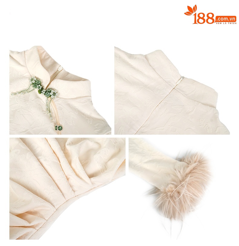 Đầm sườn xám dài tân cổ điển ôm body — Trắng be chi tiết 3