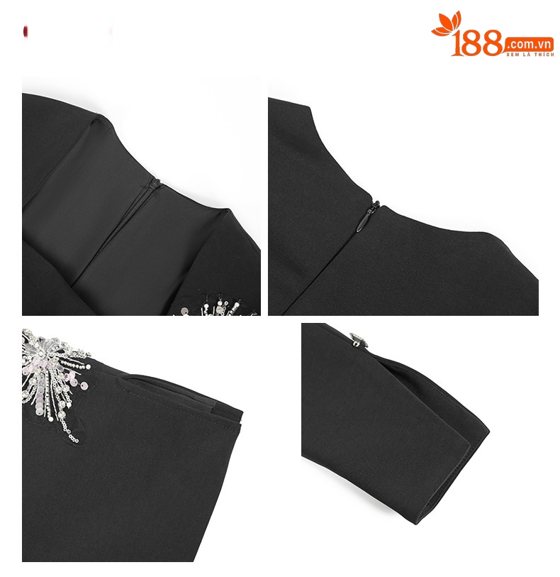 Đầm bodycon cổ vuông đính đá dáng ôm thiết kế cầu kỳ — Màu đen chi tiết 3