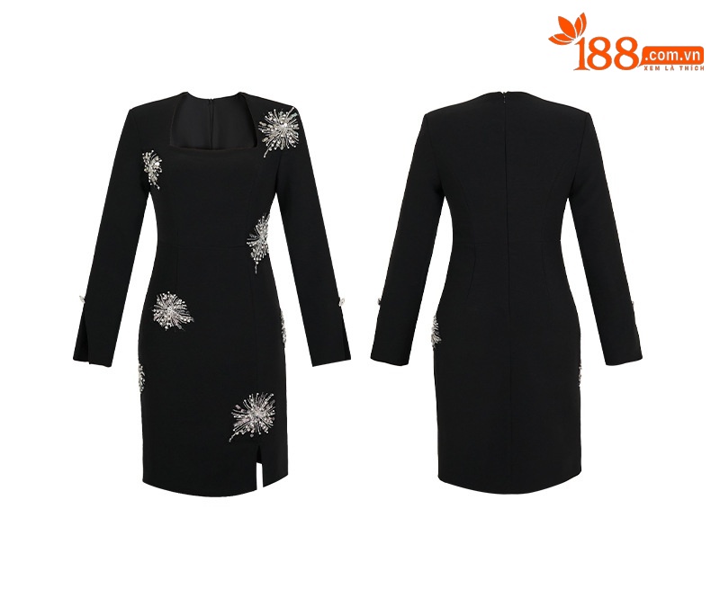 Đầm bodycon cổ vuông đính đá dáng ôm thiết kế cầu kỳ — Màu đen chi tiết 4