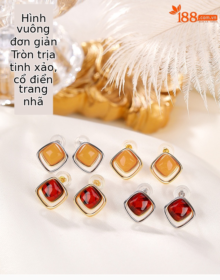Bông tai nữ mạ vàng bạc S925 hình vuông đính đá phong cách cổ điển — Mẫu màu bạc sáp ong chi tiết 1