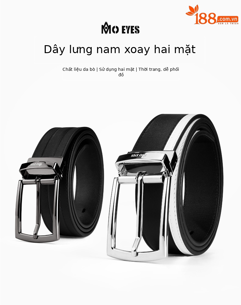 Thắt lưng da bò lớp đầu nam hai mặt xoay mắt ma thuật moeyes — M23PD001-Đen Trắng, M23PD001-Đen chi tiết 1