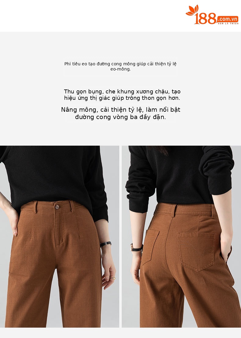 Quần jean nữ cạp cao co giãn ống rộng dáng lưỡi liềm — Màu be chi tiết 9