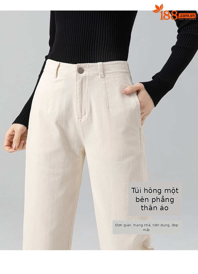 Quần jean nữ cạp cao co giãn ống rộng dáng lưỡi liềm — Màu be chi tiết 11