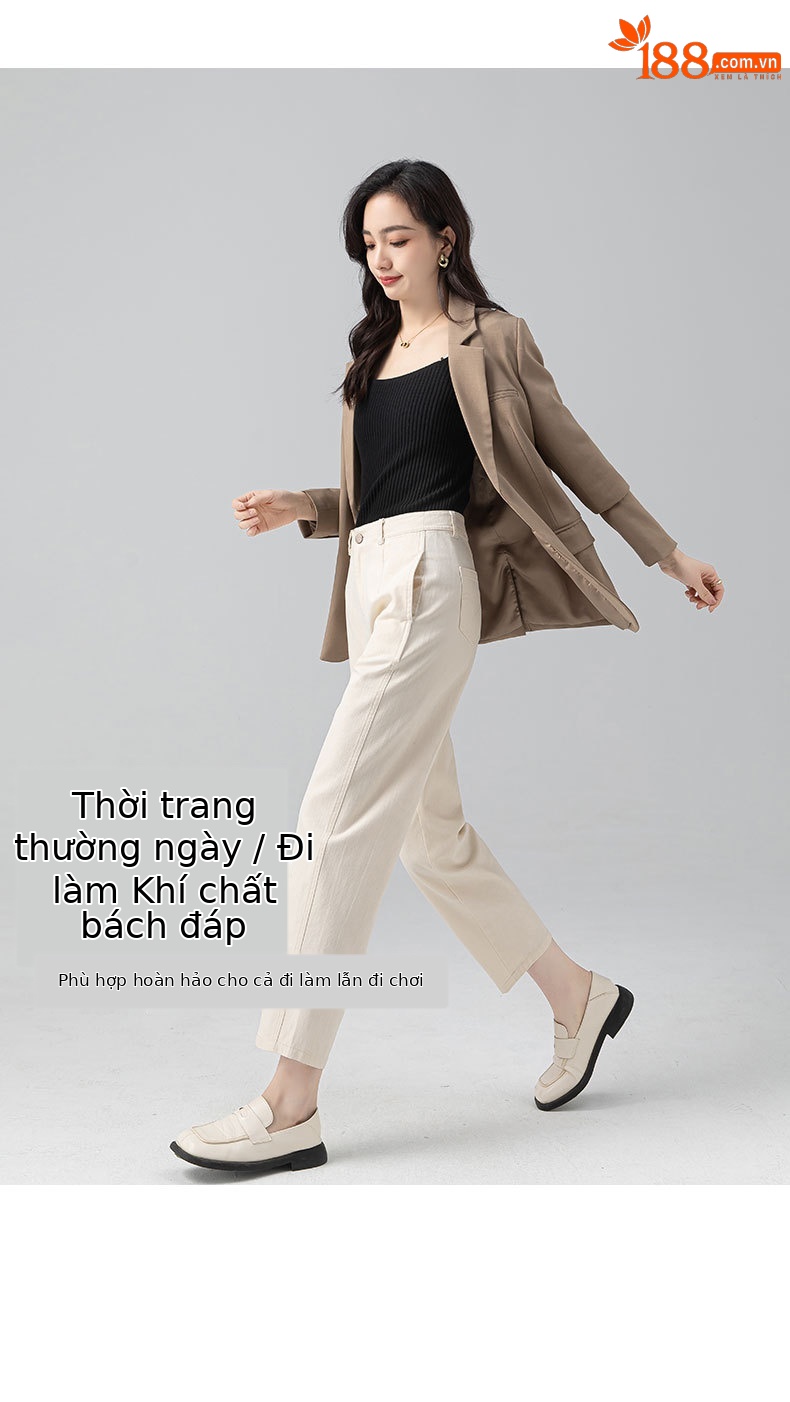Quần jean nữ cạp cao co giãn ống rộng dáng lưỡi liềm — Màu be chi tiết 13