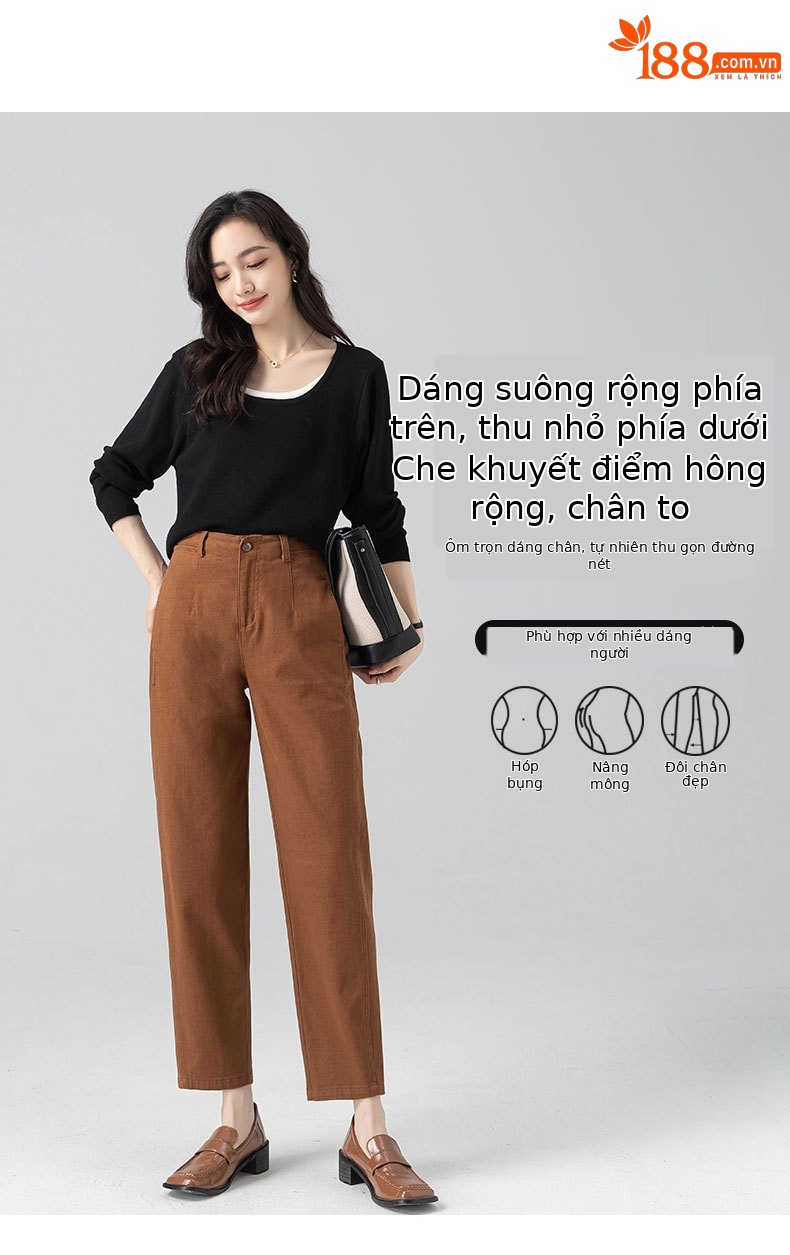 Quần jean nữ cạp cao co giãn ống rộng dáng lưỡi liềm — Màu be chi tiết 8