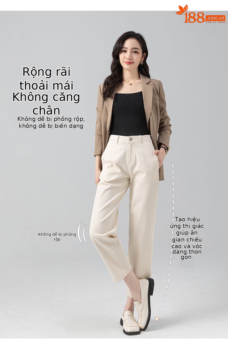 Quần jean nữ cạp cao co giãn ống rộng dáng lưỡi liềm — Màu be chi tiết 12