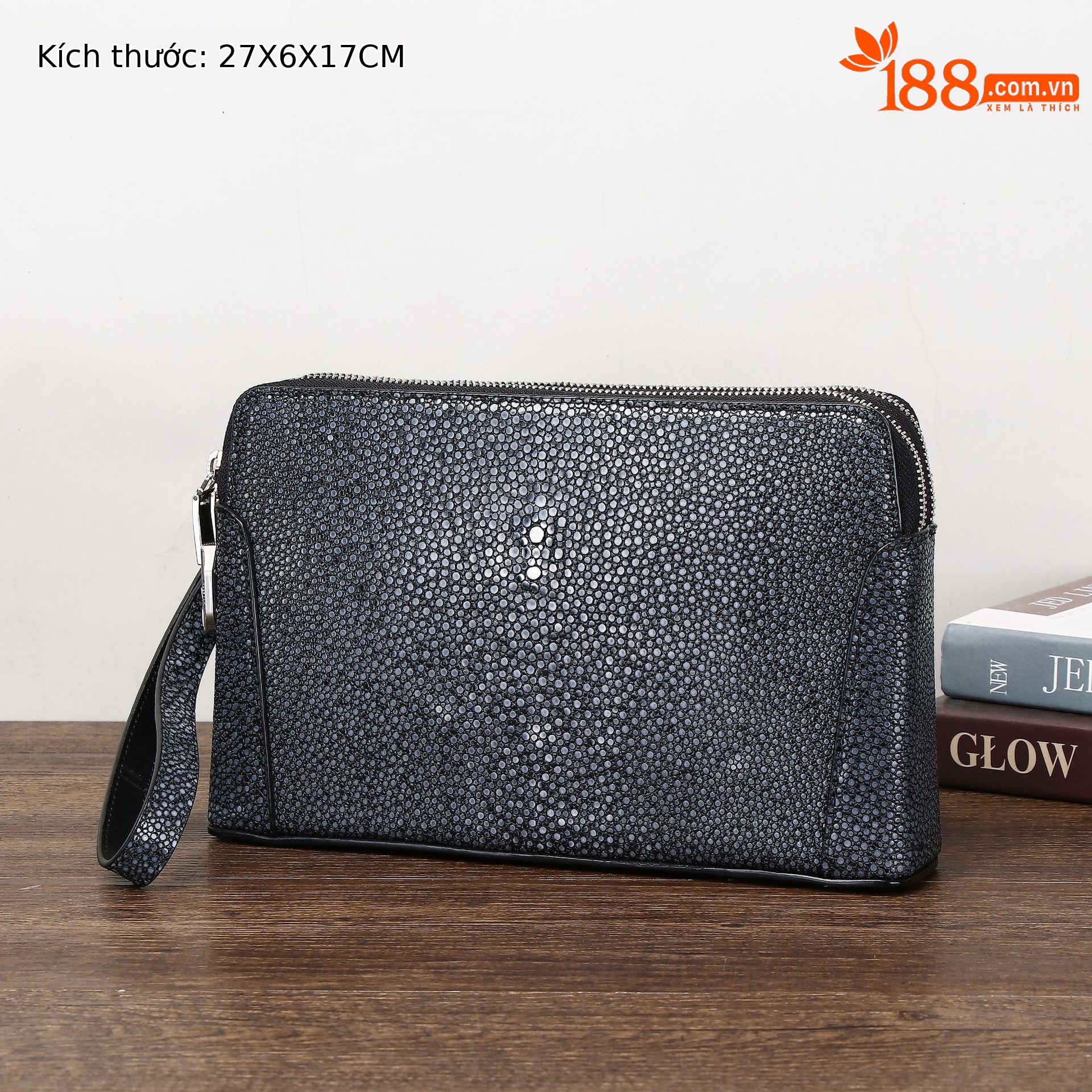 Túi clutch nam da vân cá bóng khóa số kéo đôi cầm tay