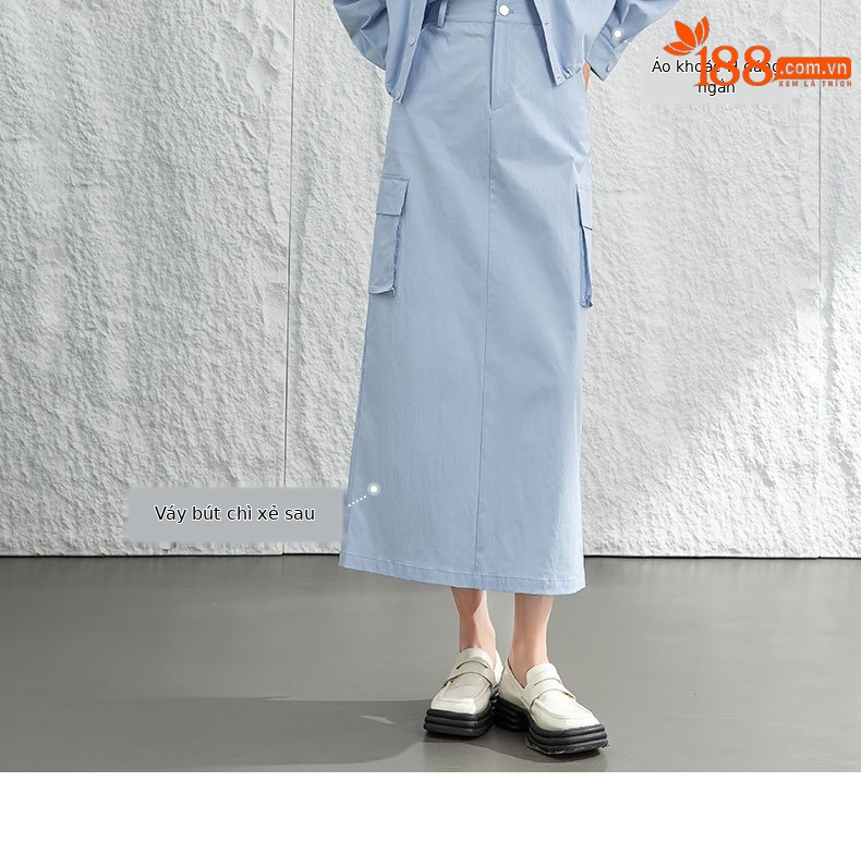 Chân váy bút chì nữ cạp cao dáng dài chất kaki — Màu đỏ thêu sắt (váy 84089) chi tiết 7