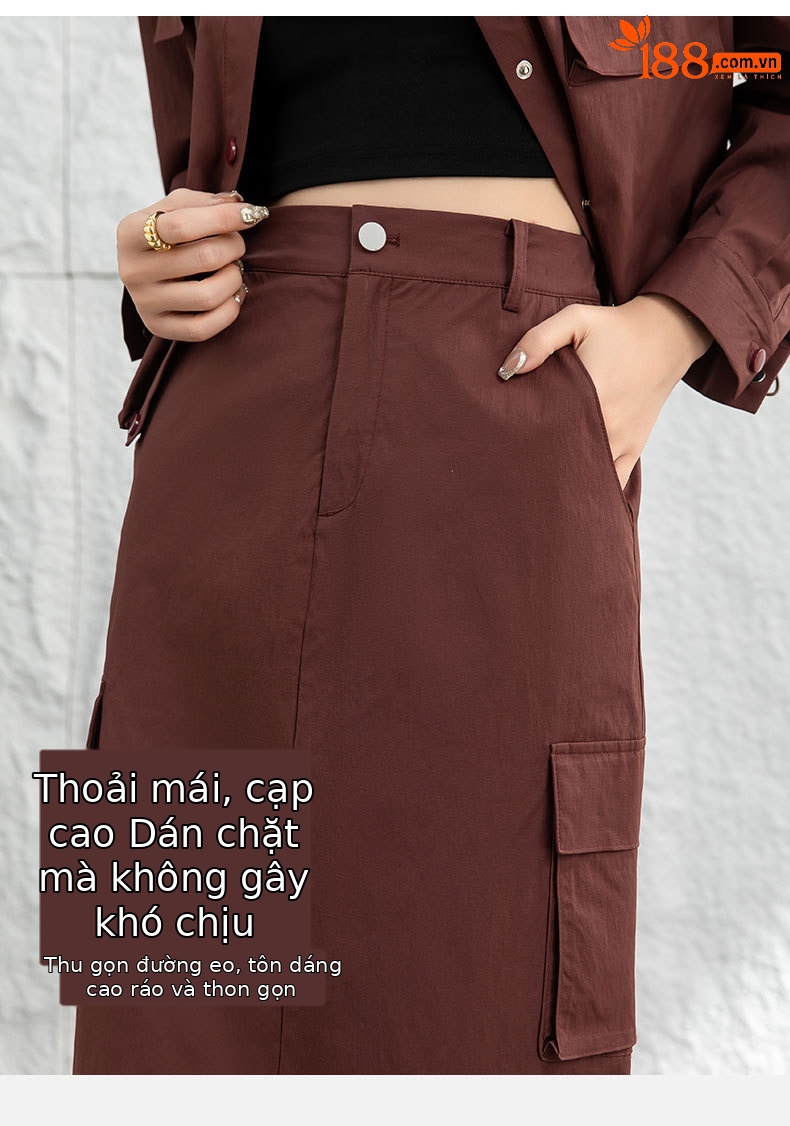 Chân váy bút chì nữ cạp cao dáng dài chất kaki — Màu đỏ thêu sắt (váy 84089) chi tiết 12