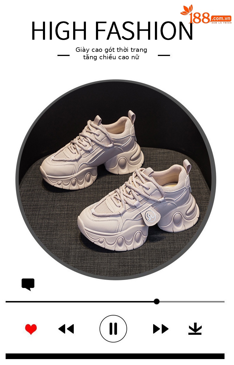 Giày sneaker nữ đế dày tăng chiều cao 7cm phong cách sao, dây buộc thời trang — M2555 Màu đen, M2555 màu be, M2555 màu hồng chi tiết 5