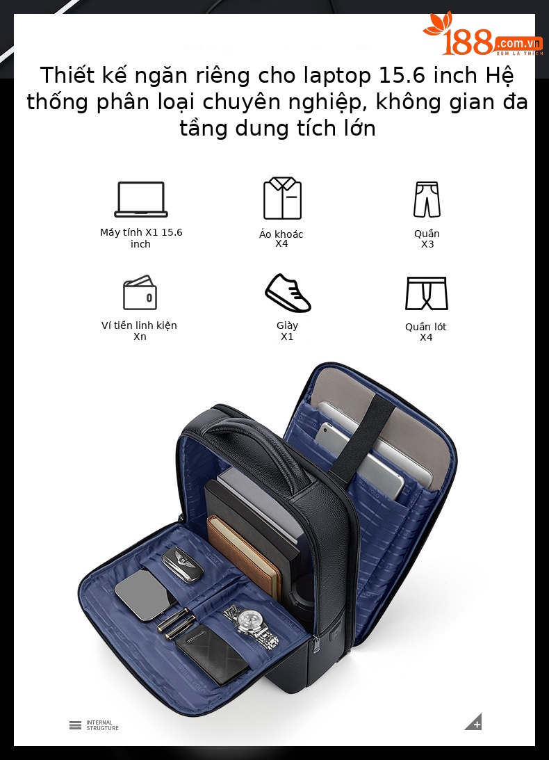 Ba lô nam da thật Emperor Paul công sở thường ngày chứa laptop 15,6 inch — Màu đen chi tiết 7