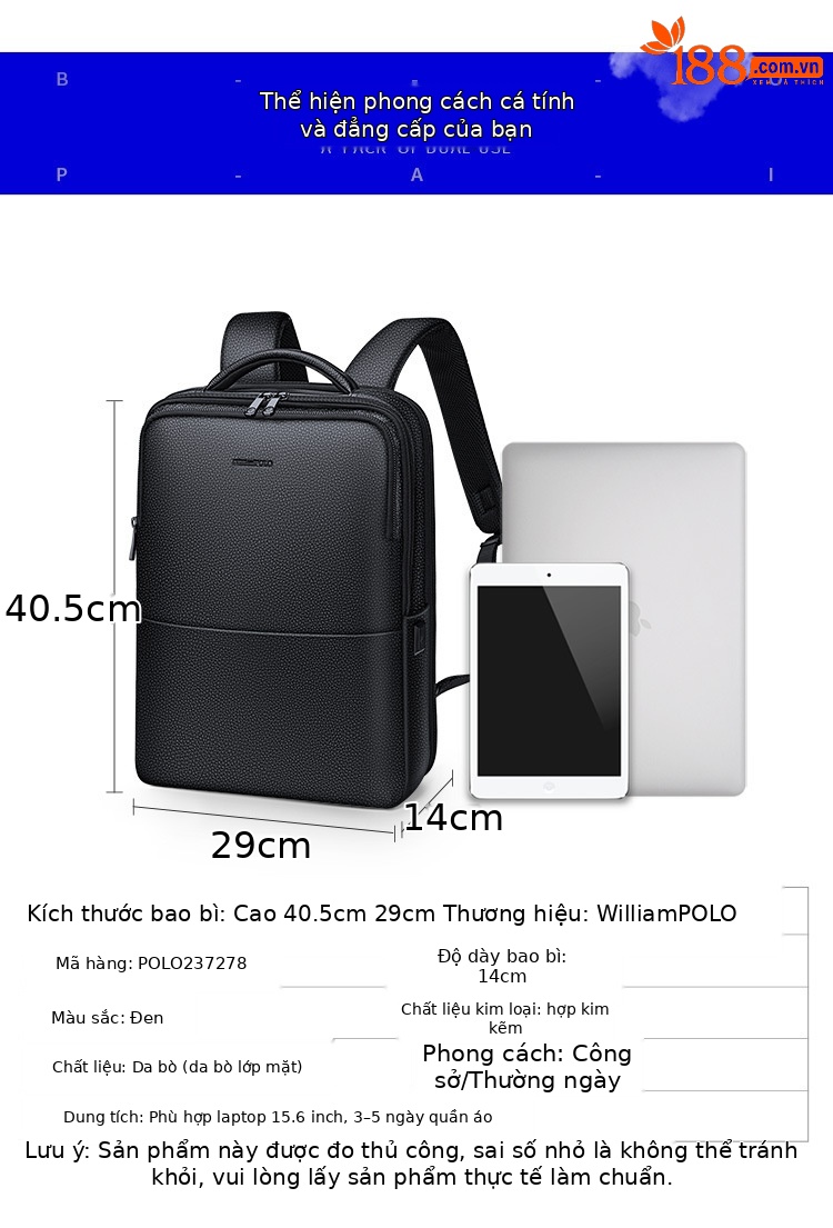 Ba lô nam da thật Emperor Paul công sở thường ngày chứa laptop 15,6 inch — Màu đen chi tiết 5