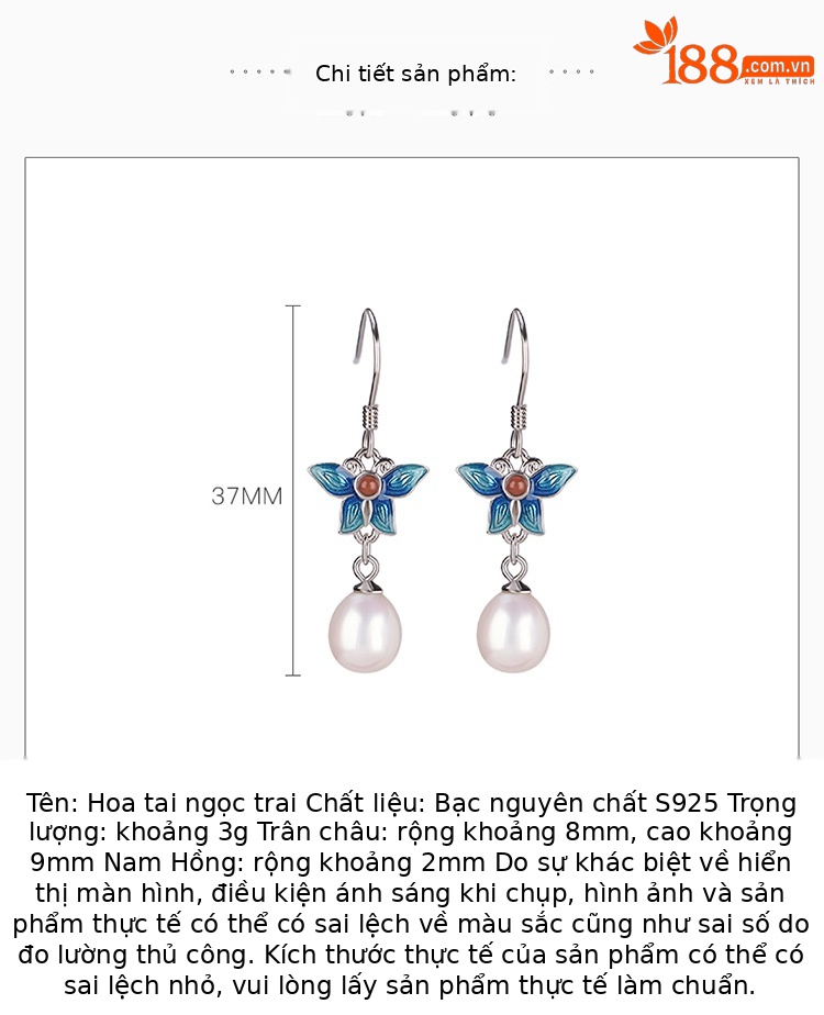 Khuyên tai bạc S925 đính ngọc trai nước ngọt hình bướm không đều — (Ngọc trai tự nhiên theo hình dạng) chi tiết 2