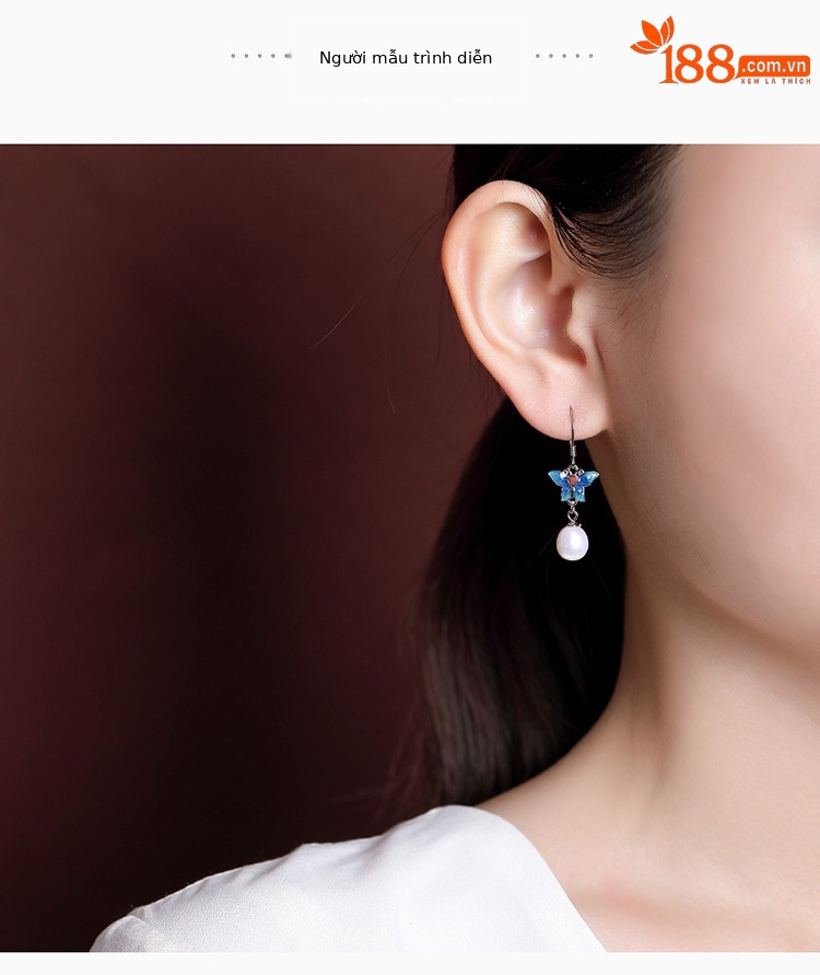 Khuyên tai bạc S925 đính ngọc trai nước ngọt hình bướm không đều — (Ngọc trai tự nhiên theo hình dạng) chi tiết 3