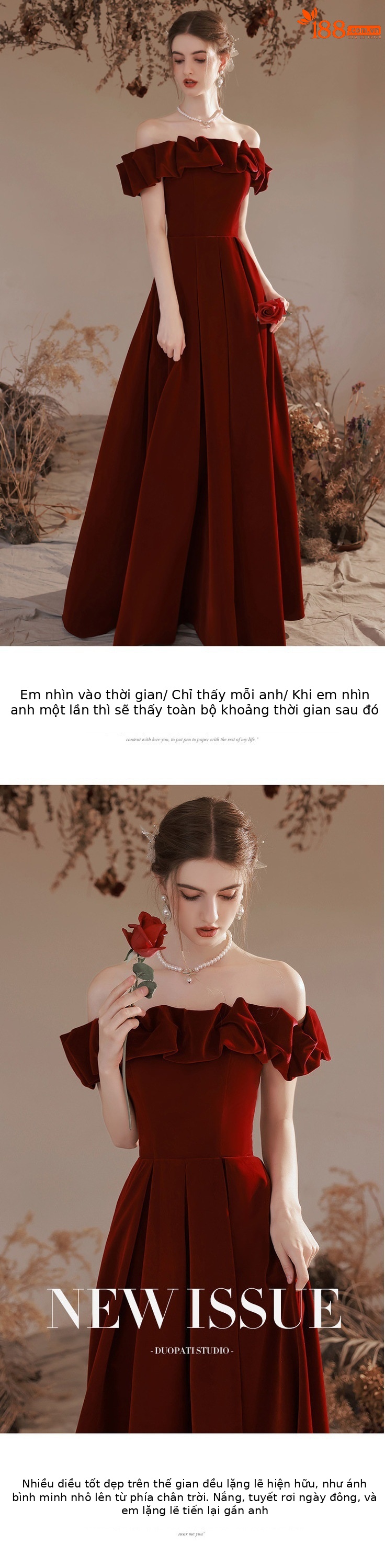 Đầm dạ hội trễ vai cô dâu phong cách cung đình màu đỏ rượu vang — Màu đỏ rượu chi tiết 4