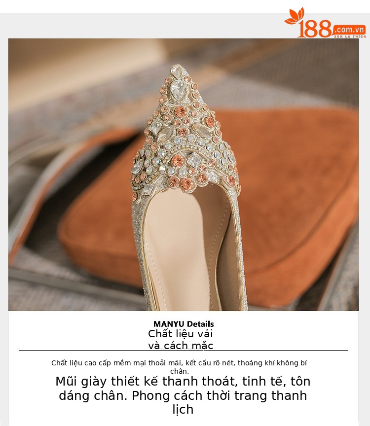 Giày cưới nữ mũi nhọn đính sequin gót dày Jin Gang CH60-50 — Màu sâm panh chi tiết 4