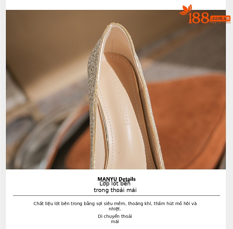 Giày cưới nữ mũi nhọn đính sequin gót dày Jin Gang CH60-50 — Màu sâm panh chi tiết 5