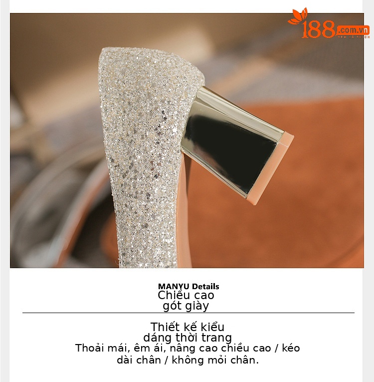 Giày cưới nữ mũi nhọn đính sequin gót dày Jin Gang CH60-50 — Màu sâm panh chi tiết 6