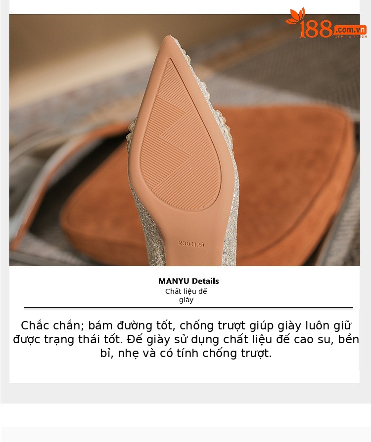 Giày cưới nữ mũi nhọn đính sequin gót dày Jin Gang CH60-50 — Màu sâm panh chi tiết 7