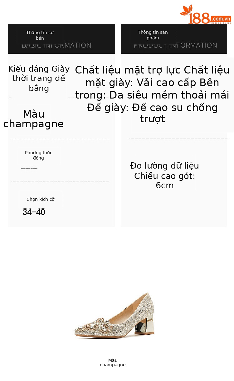 Giày cưới nữ mũi nhọn đính sequin gót dày Jin Gang CH60-50 — Màu sâm panh chi tiết 3