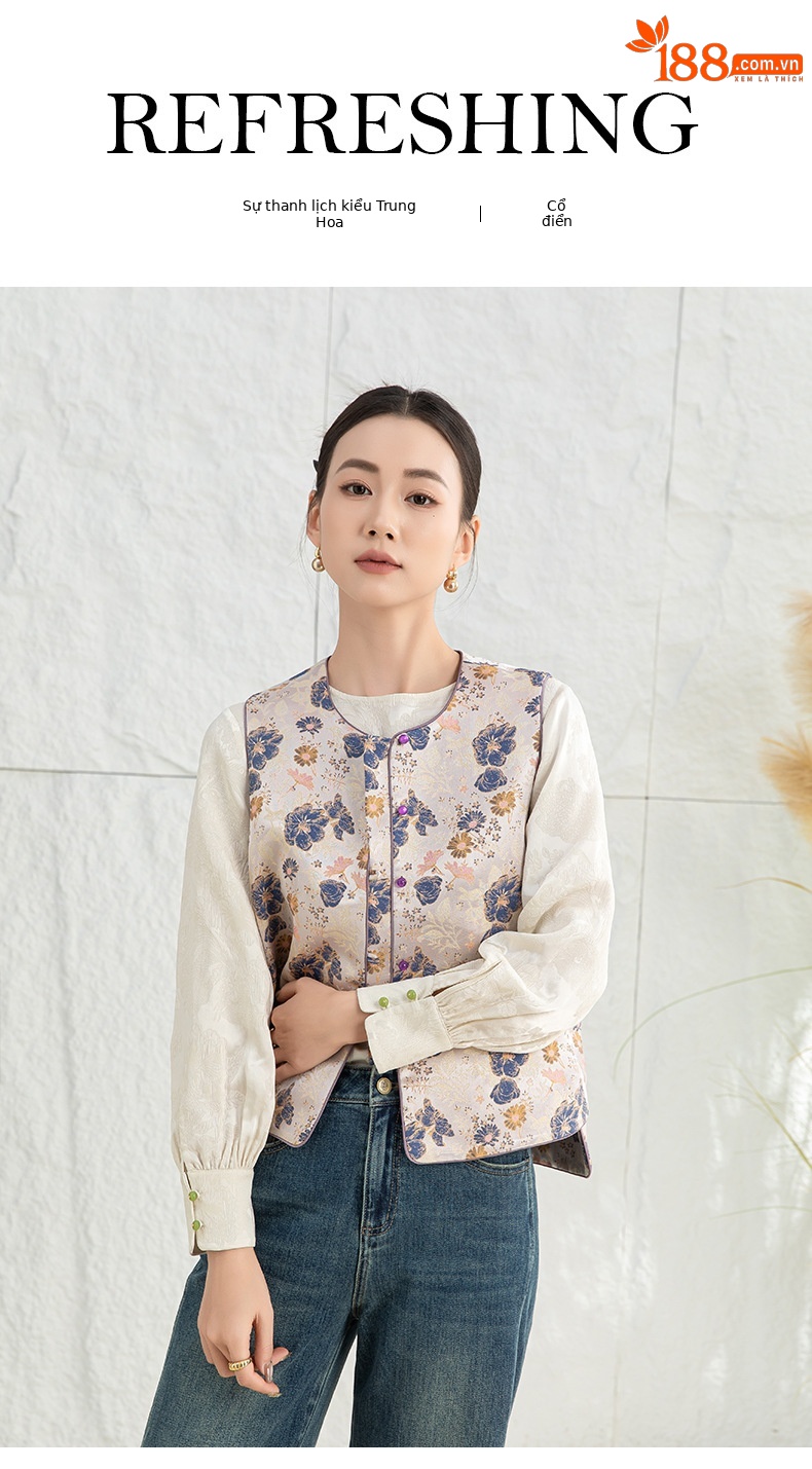 Áo vest cách tân Trung Quốc nữ satin cổ điển, tay loe, khuy cài nút vải — Màu tím sâm panh chi tiết 1