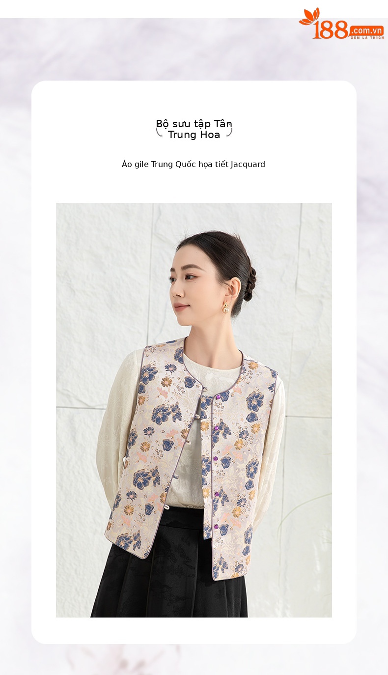 Áo vest cách tân Trung Quốc nữ satin cổ điển, tay loe, khuy cài nút vải — Màu tím sâm panh chi tiết 2