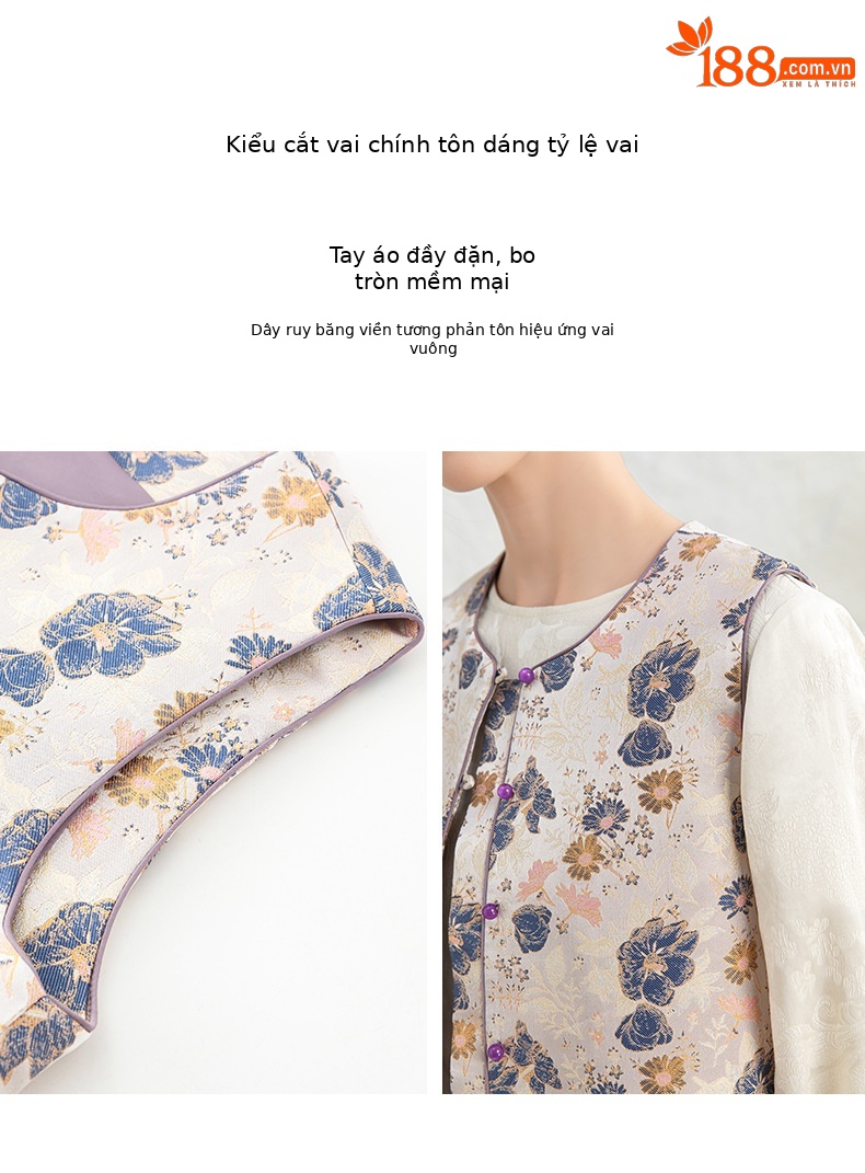 Áo vest cách tân Trung Quốc nữ satin cổ điển, tay loe, khuy cài nút vải — Màu tím sâm panh chi tiết 11