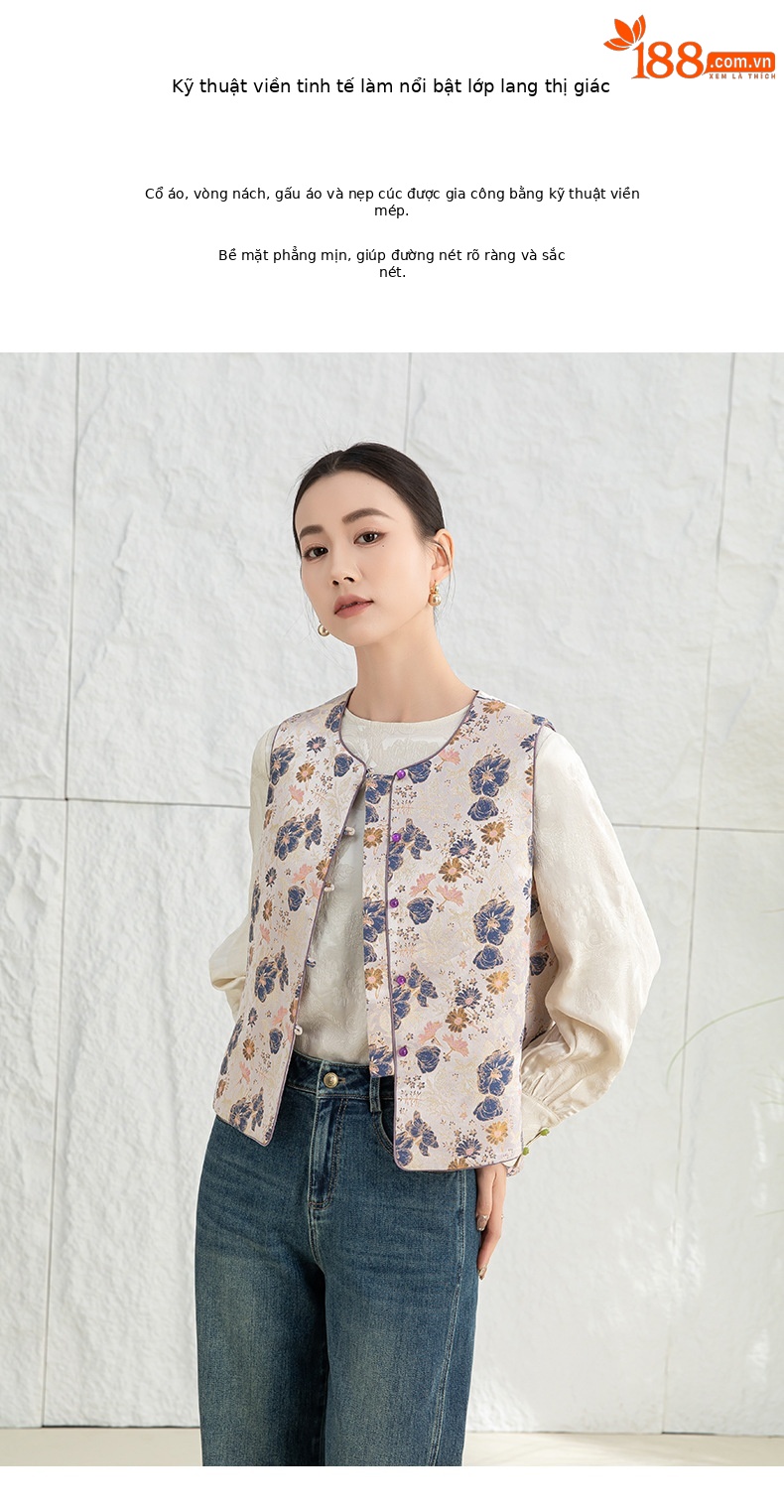 Áo vest cách tân Trung Quốc nữ satin cổ điển, tay loe, khuy cài nút vải — Màu tím sâm panh chi tiết 13