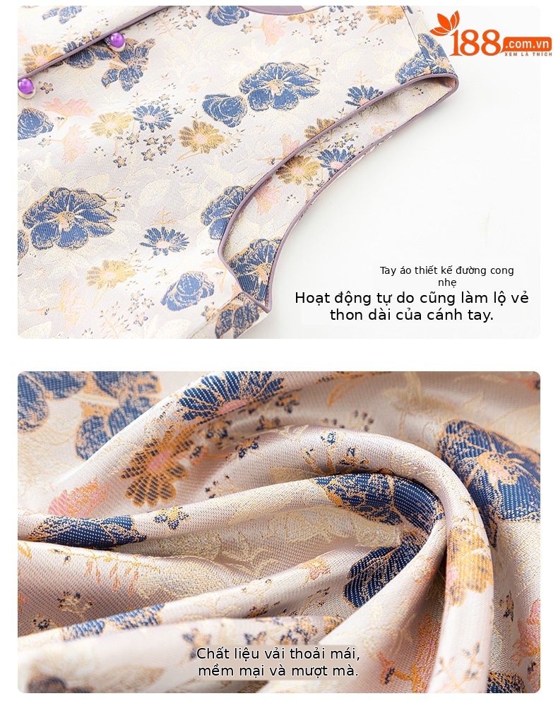 Áo vest cách tân Trung Quốc nữ satin cổ điển, tay loe, khuy cài nút vải — Màu tím sâm panh chi tiết 17