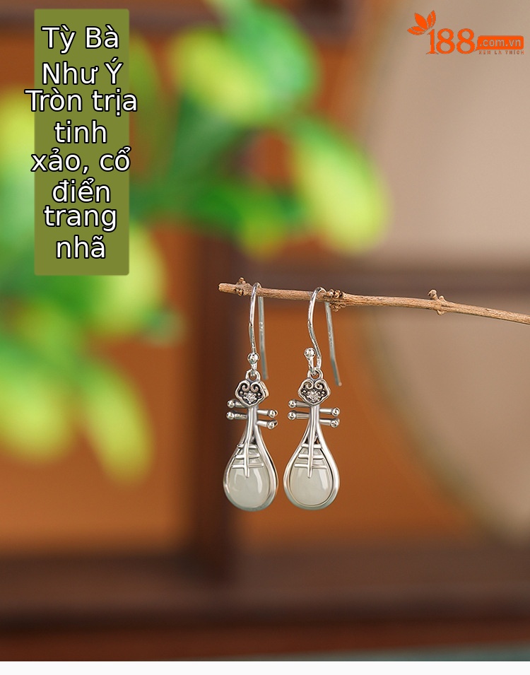 Bông tai bạc S925 đính ngọc bích Hetian phong cách quốc gia — Một cặp chi tiết 2