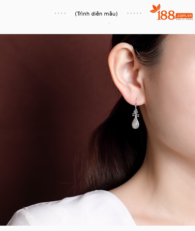 Bông tai bạc S925 đính ngọc bích Hetian phong cách quốc gia — Một cặp chi tiết 5
