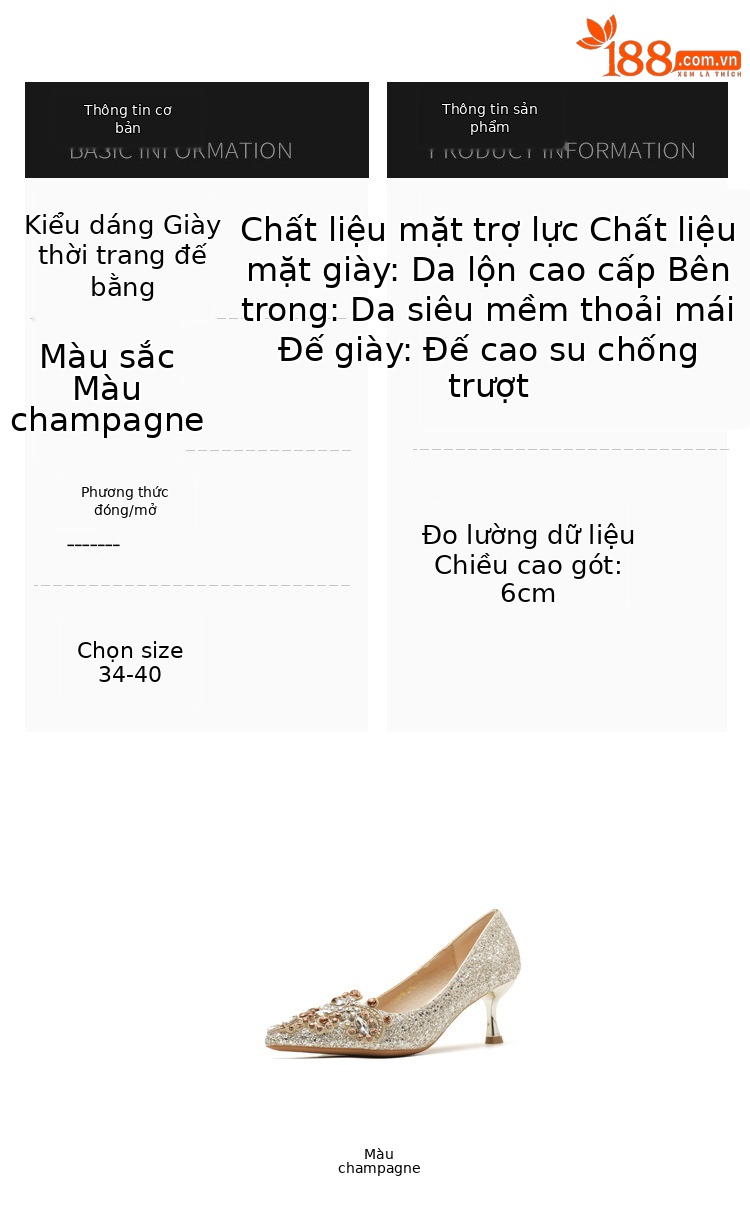 Giày cao gót mũi nhọn đính đá cưới màu Sâm panh — Màu Sâm panh chi tiết 3